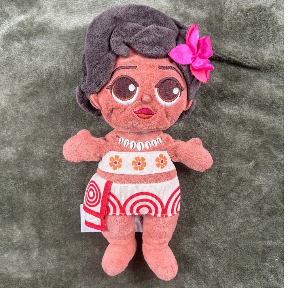 Disney Store Moana Plush Doll 10 Inch Embroidered Details Pink Flower Brown Hair